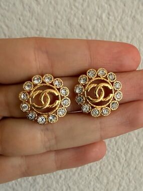 CHANEL Gold-Tone CC Logo Crystal Halo Earrings